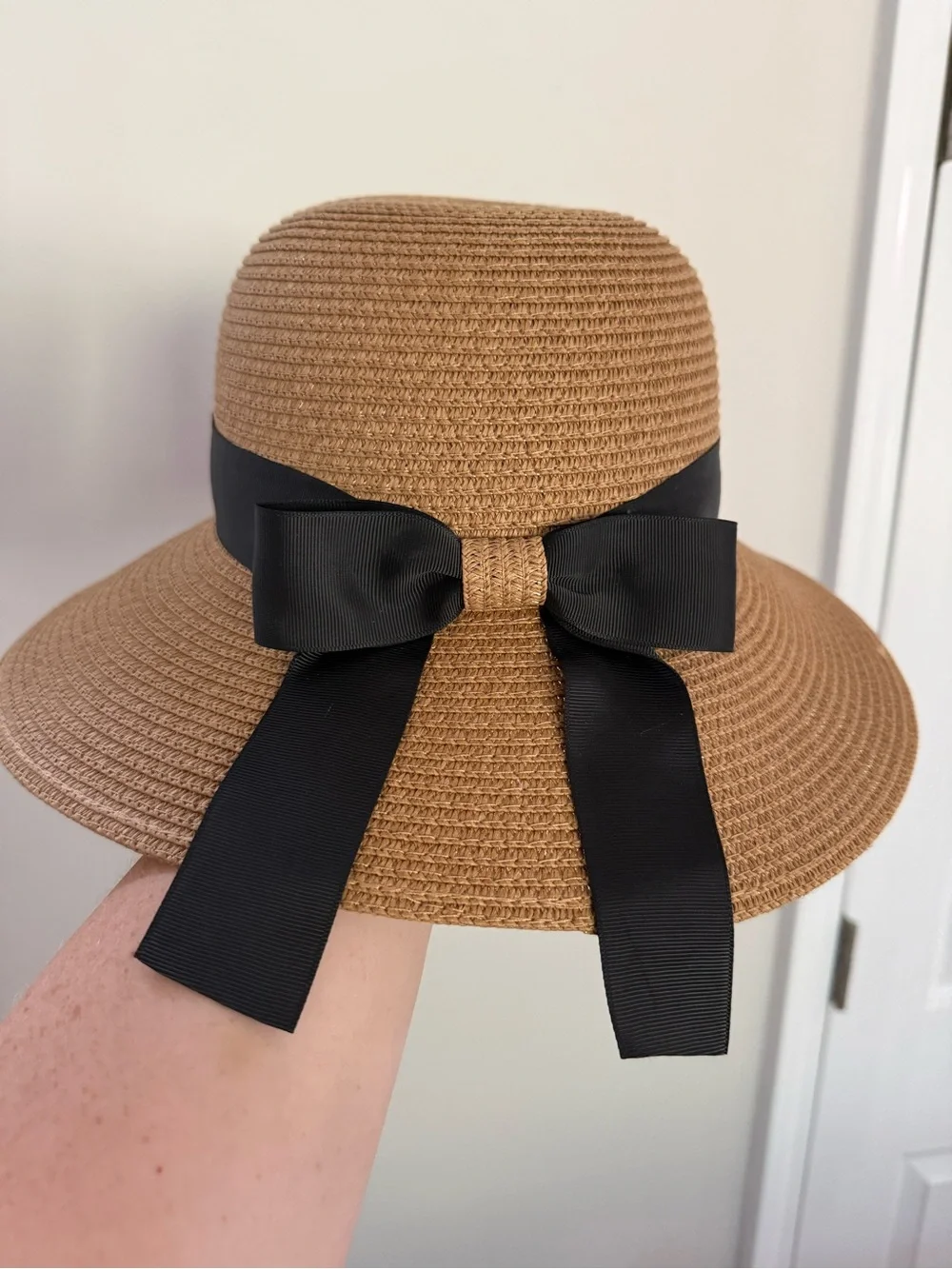 Women's Straw Sun Hat with Black Ribbon Bow